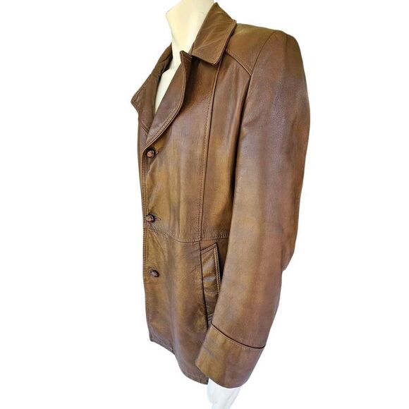 Vintage Reed Sportswear Leather Car Coat Men’s 42 Brown Button Overcoat Jacket - Picture 3 of 15